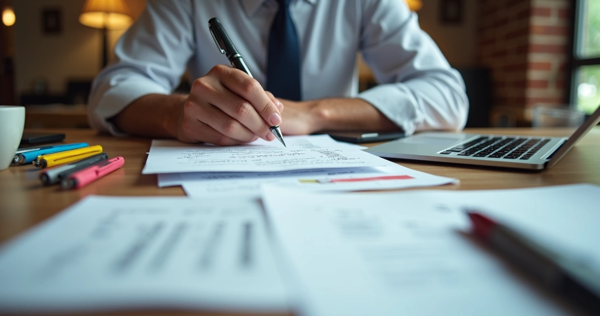 Persona revisando notas y documentos en una mesa antes de una reunión laboral 