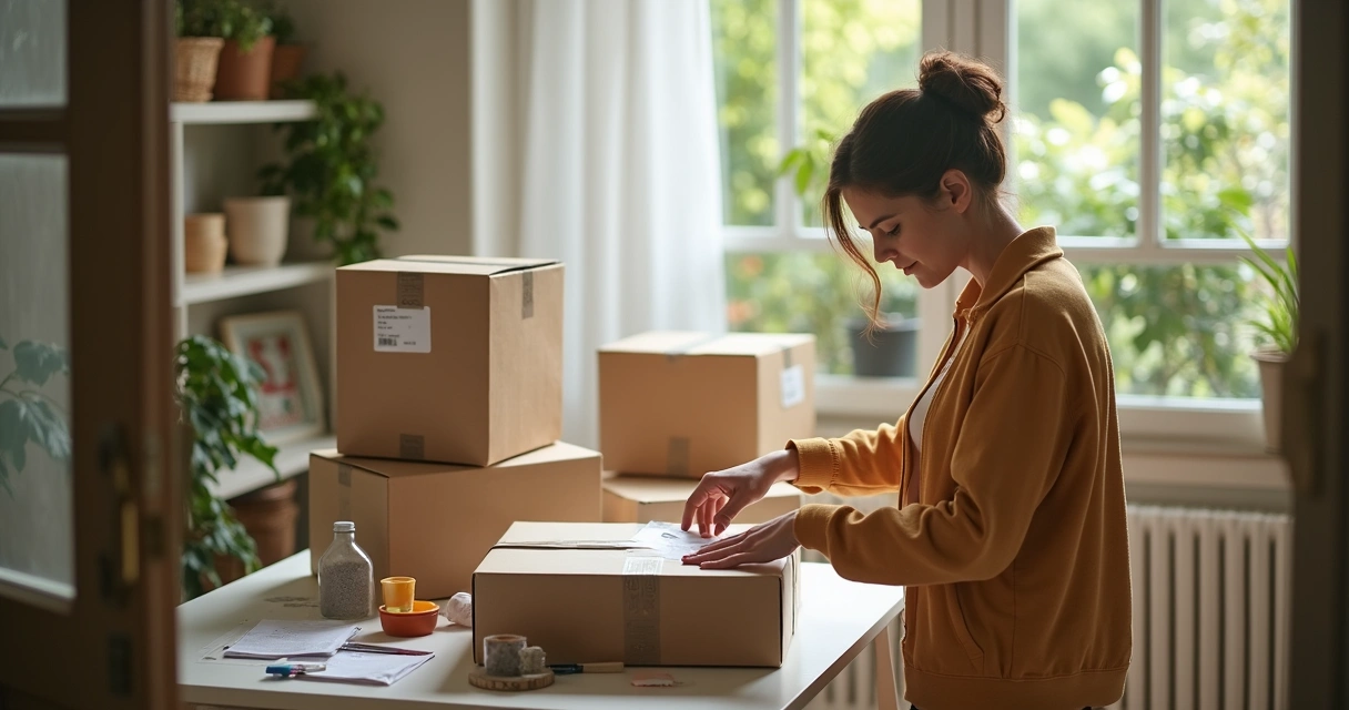 Preparación de paquetes en casa para el envío. 