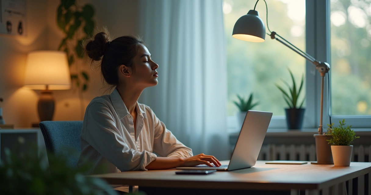 Pessoa sentada em cadeira, ambiente silencioso e iluminado de forma suave 