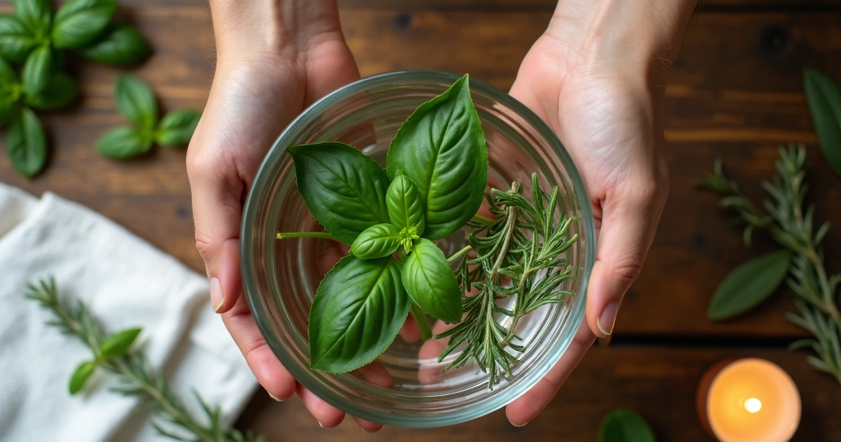 Pessoa preparando banho de ervas com tigela e folhas verdes 