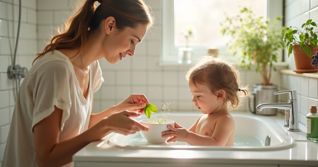 Mãe prepara banho de proteção com arruda para filha. 