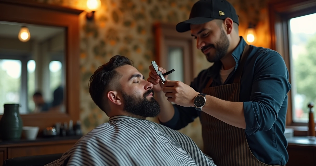 Barbeiro prepara o rosto de cliente para o barbear com vapor e toalha quente 