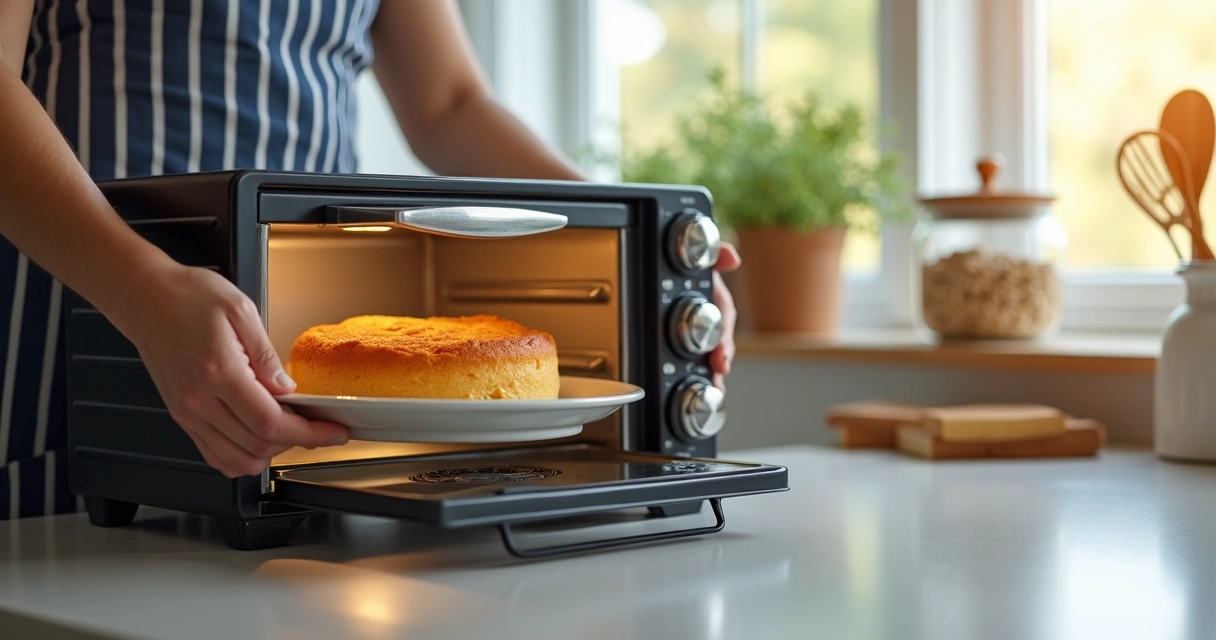 Pessoa tirando bolo assado do forno elétrico em cozinha iluminada 