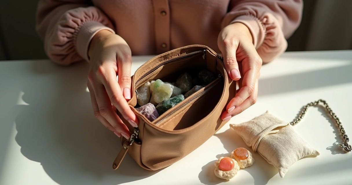 Pessoa arrumando bolsa feminina com objetos energizados. 