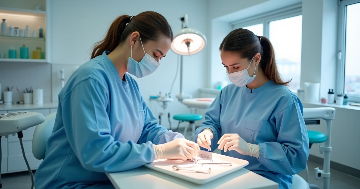 Dentista e assistente preparando instrumental odontológico 