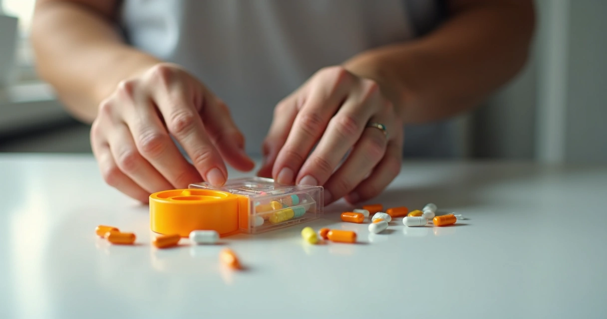 Pessoa organizando comprimidos da PrEP em caixa de medicamentos diária