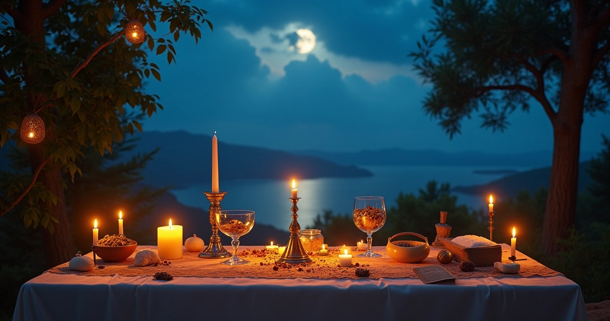 Altar ao ar livre para preparação da lua nova com vela, incenso, cristais e um caderno em um ambiente natural.