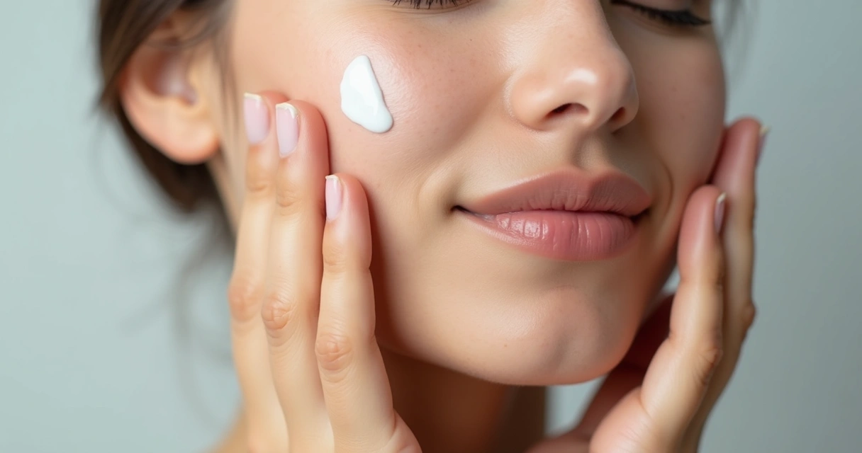Mãos femininas aplicando hidratante no rosto. 