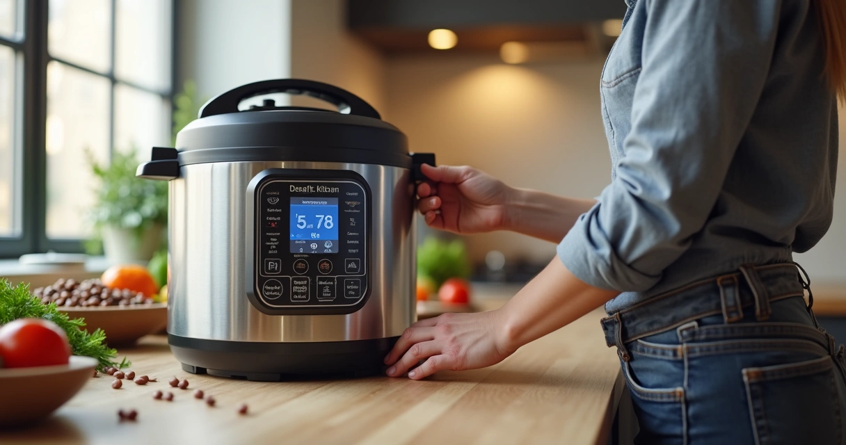 Pessoa programando panela de pressão elétrica na cozinha 