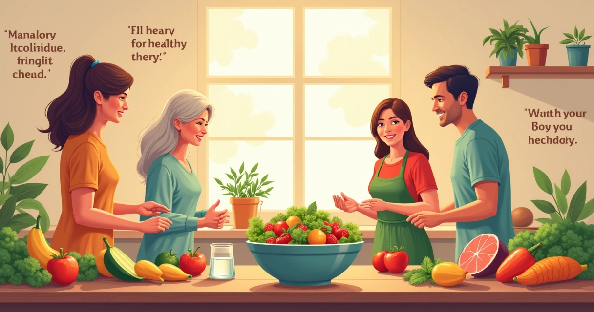 Grupo diversificado cozinhando refeições saudáveis em uma cozinha ensolarada com frutas e verduras.