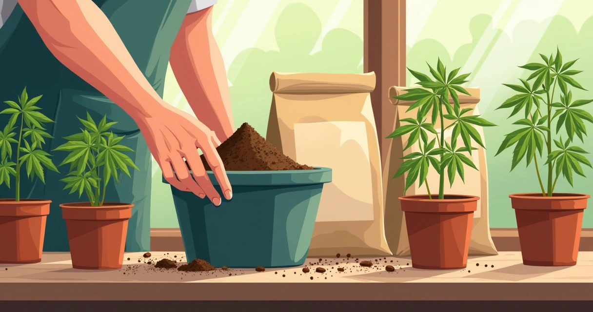 Mão misturando substrato em pote com mudas de cânhamo ao lado. 