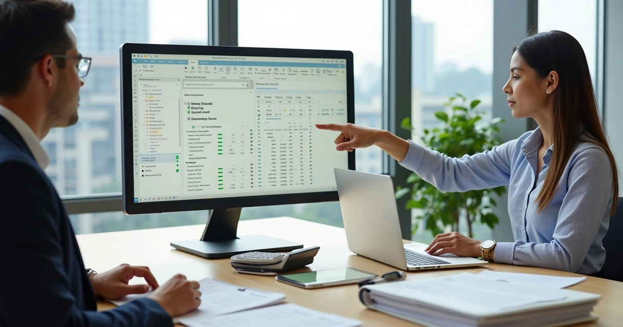 Empresário revendo documentos fiscais com contador em escritório moderno 