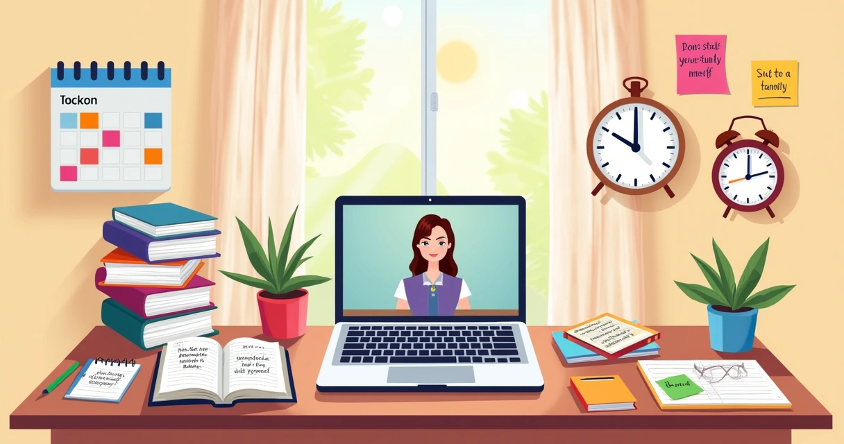 Illustration of a study desk with French learning resources, a laptop, calendar, and quotes, creating a productive atmosphere.
