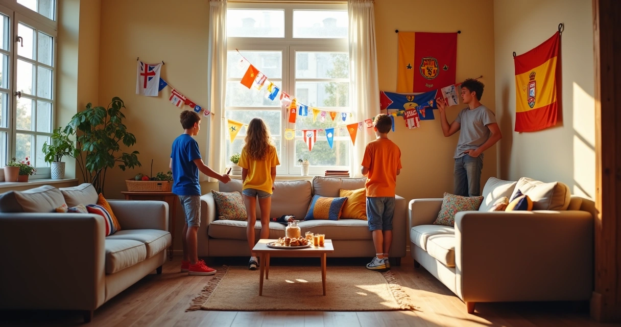 Adolescentes decorando la sala de estar con banderas y bufandas en víspera de partido de fútbol