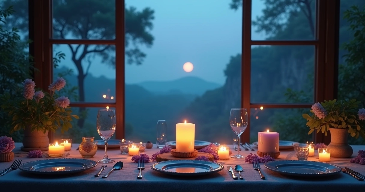 Preparação de ritual de lua nova com vela, cristal, caderno e incenso sobre mesa de madeira.