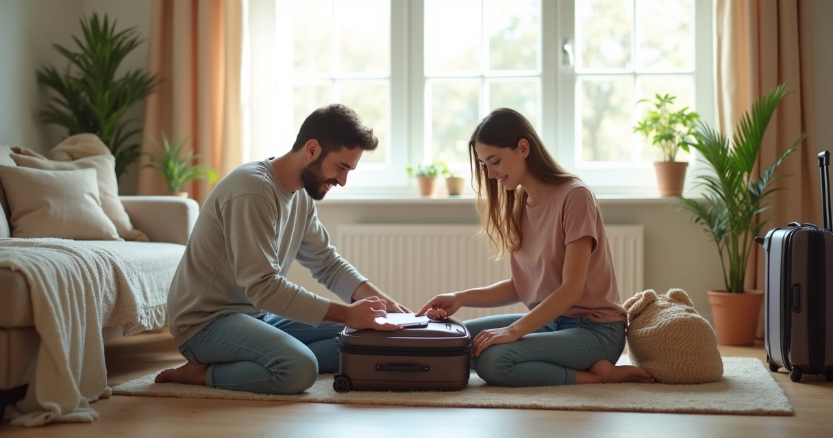 Casal fechando malas de viagem em uma sala organizada 
