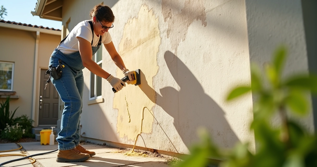 Person sanding outdoor wall before painting 
