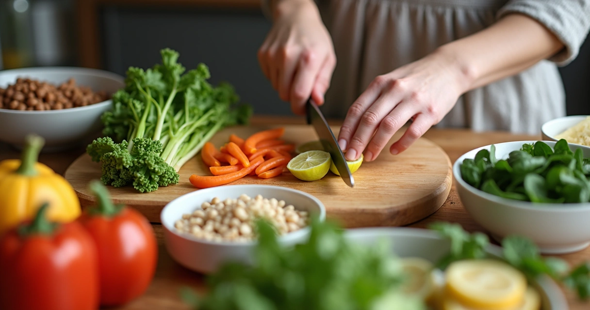 Pessoa preparando vegetais e alimentos simples em cozinha caseira