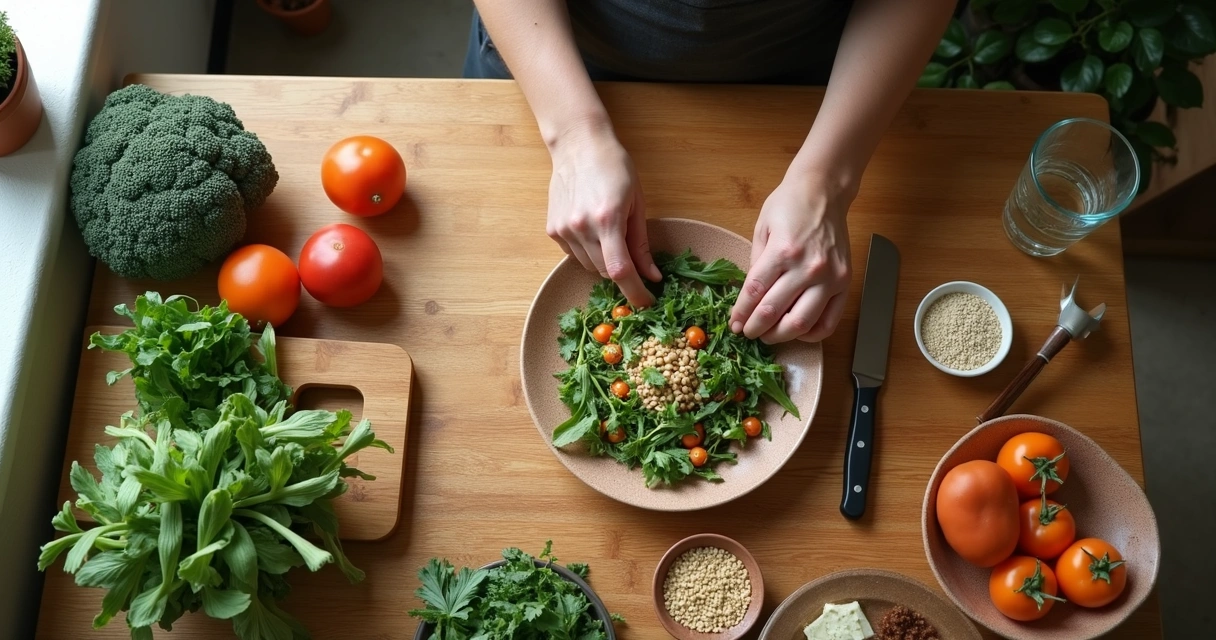 Mesa com vegetais frescos e preparo de refeição urbana