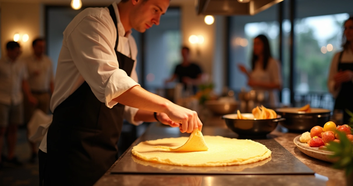 Chef preparando crepe francês ao vivo em evento elegante na Flórida 