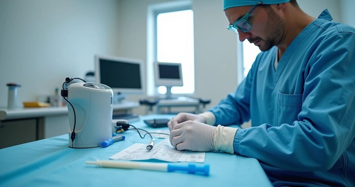 Médico vascular prepara materiais para laser endovenoso na sala de procedimento 