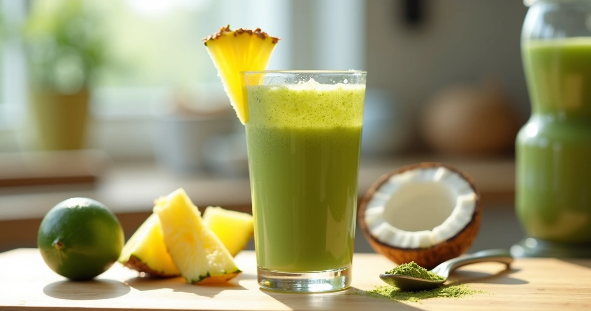 Copo de bebida verde com moringa e frutas na bancada 