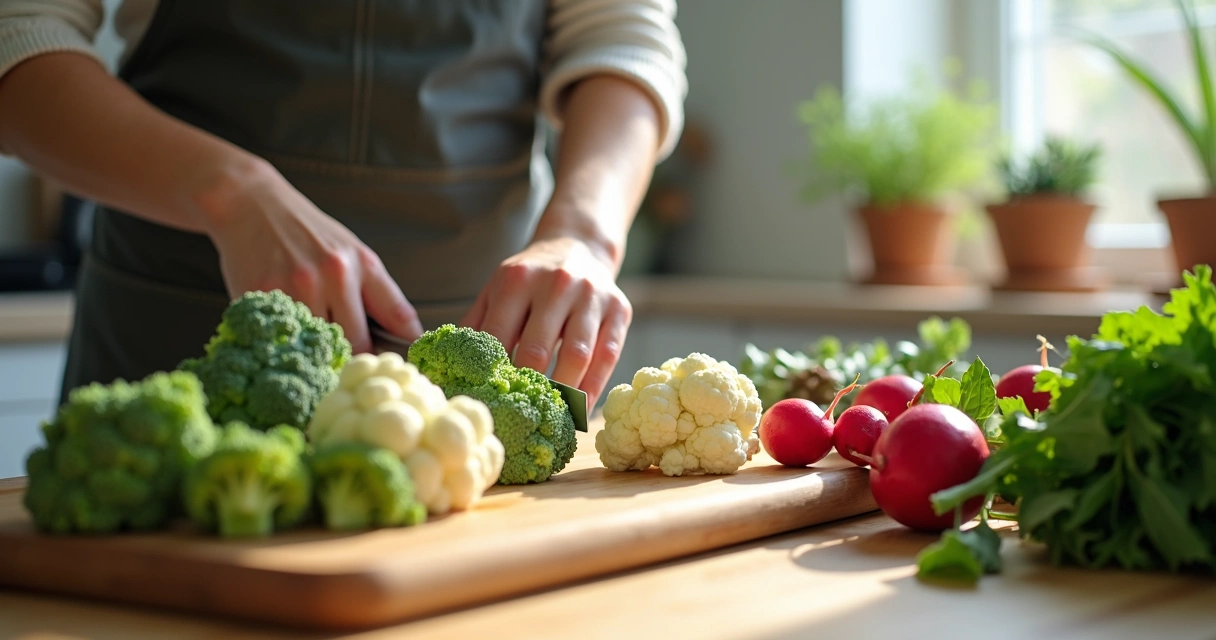 Pessoa preparando vegetais crucíferos na cozinha, cortando couve-flor e brócolis 