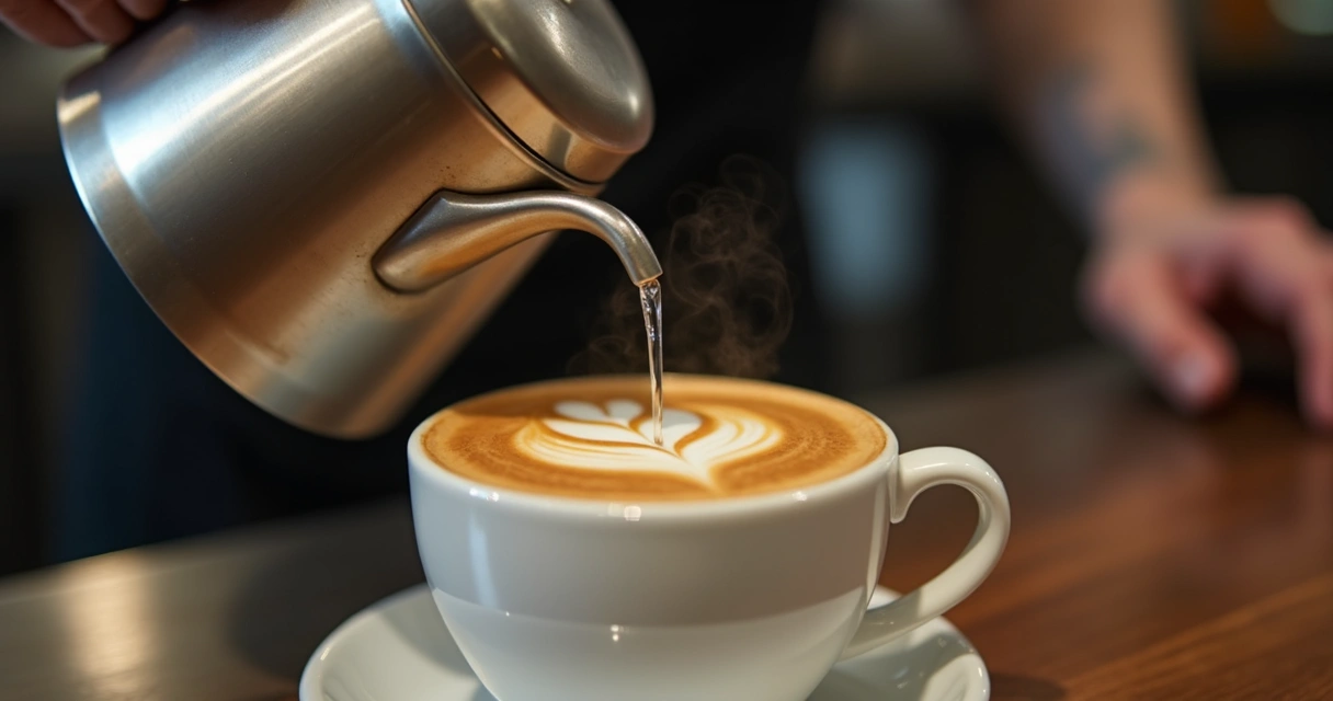 Xícara grande com espresso americano sendo finalizado com água quente pela lateral 