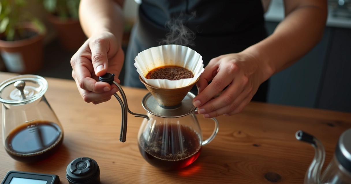 Mãos preparando café filtrado com balança e chaleira 