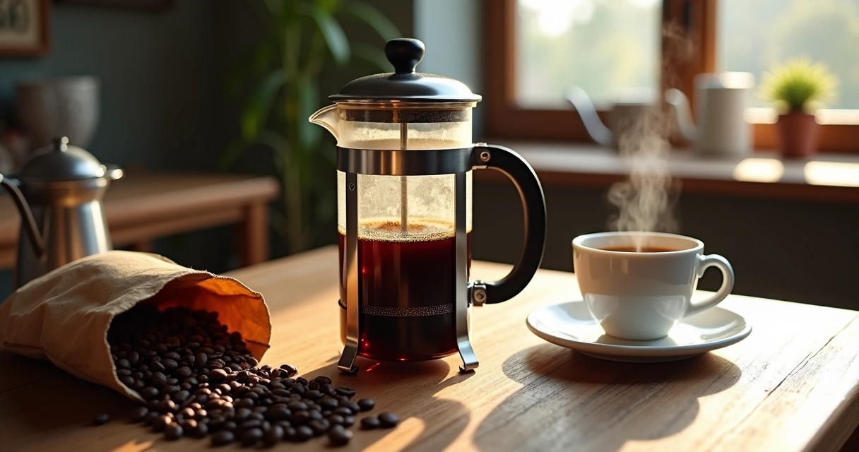 French Press com café recém preparado ao lado de grãos e xícara em mesa de madeira 