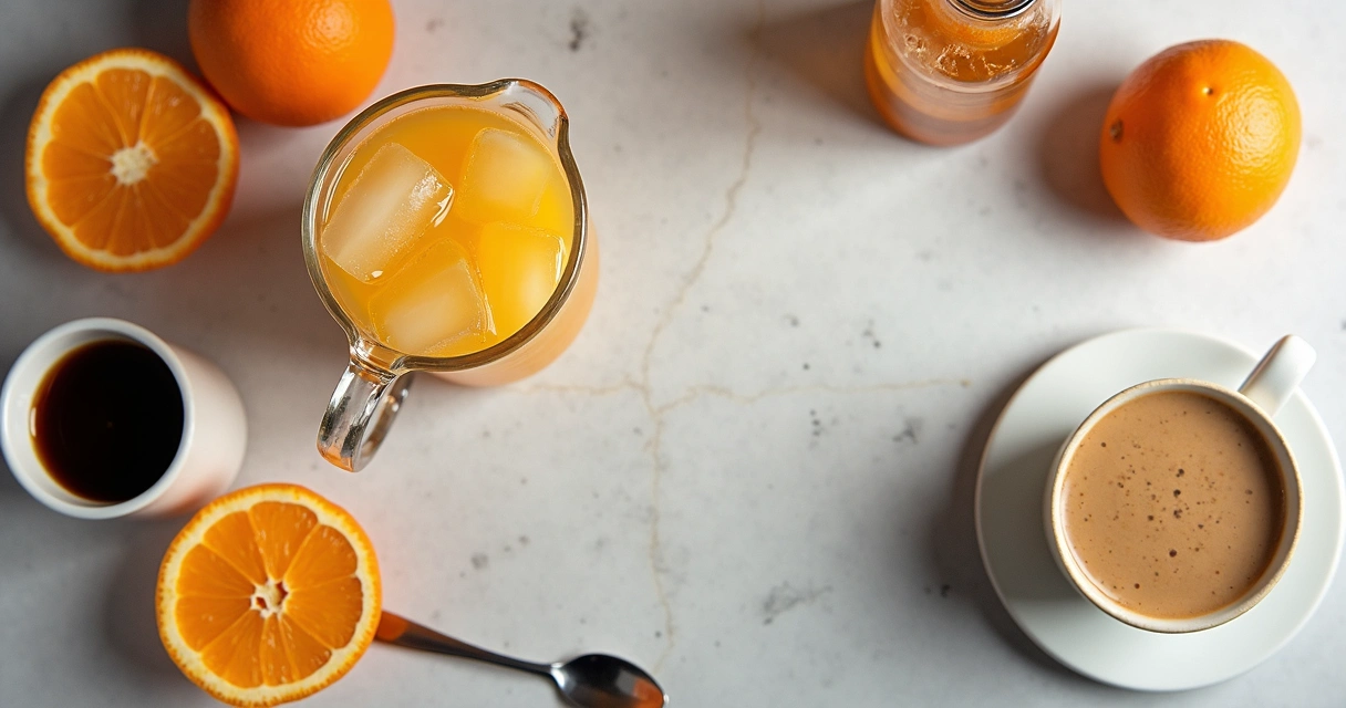 Ingredientes do drink com café, laranja, gelo e espresso sobre bancada 