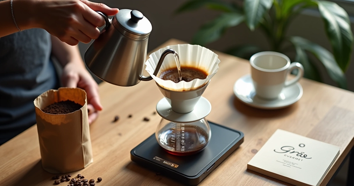 Barista preparando café no V60 com balança em mesa de madeira 