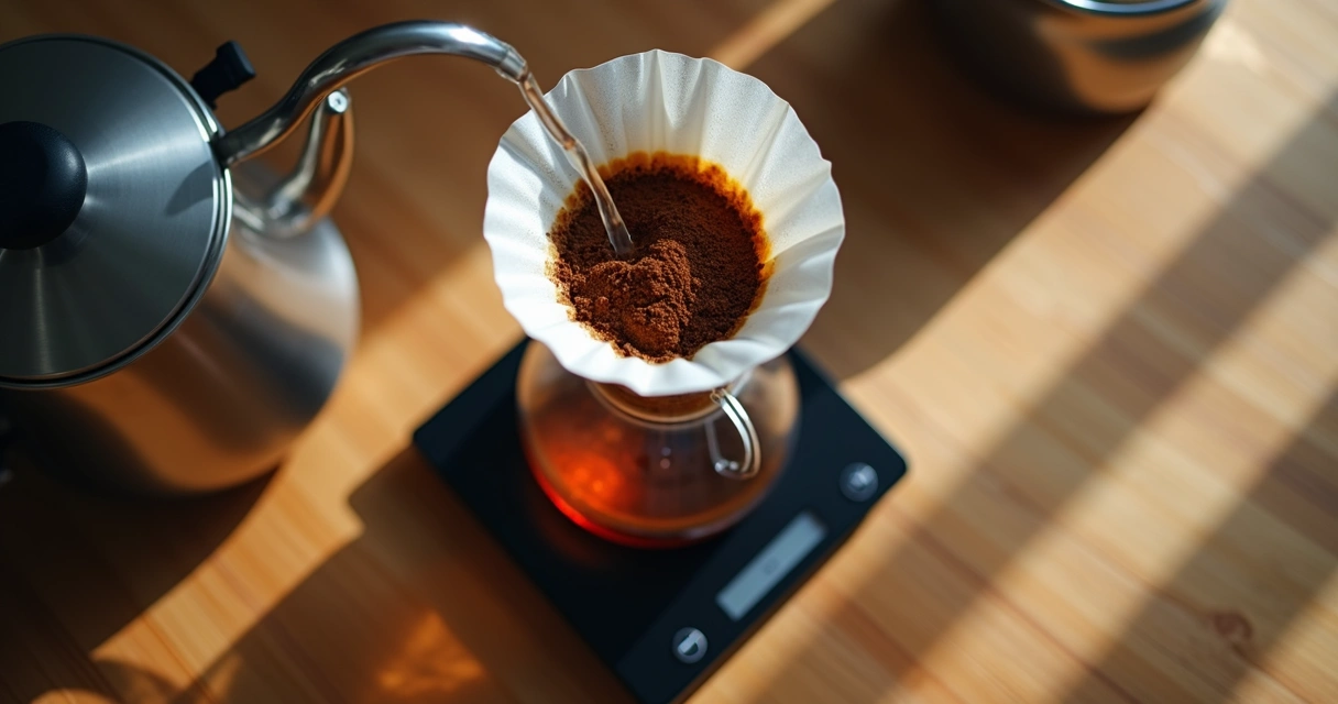 Vista superior do preparo de café com método V60, mostrando o filtro, café moído e balança 