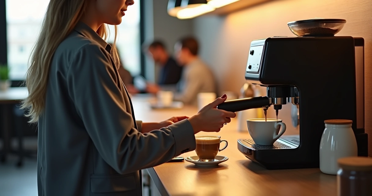 Funcionário preparando cappuccino em máquina automática no escritório 