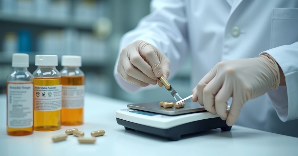 Farmacêutico preparando cápsulas com balança de precisão 