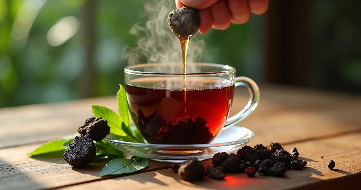 Preparo de chá de Chaga em xícara de vidro 