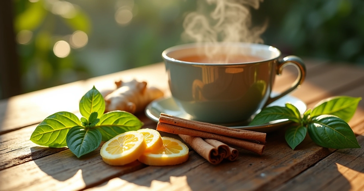 Louros, canela, gengibre e xícara de chá dispostos em uma mesa de madeira 