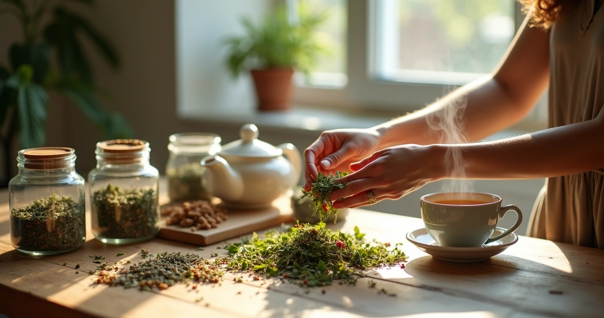 Selecionando folhas secas para chá espiritual 