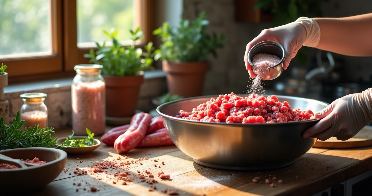 Pessoa preparando embutido artesanal em bancada de cozinha 