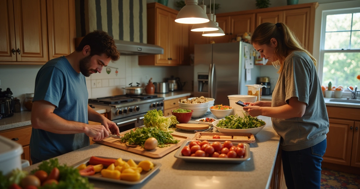 Pessoa preparando grande quantidade de comida em cozinha para festa familiar 
