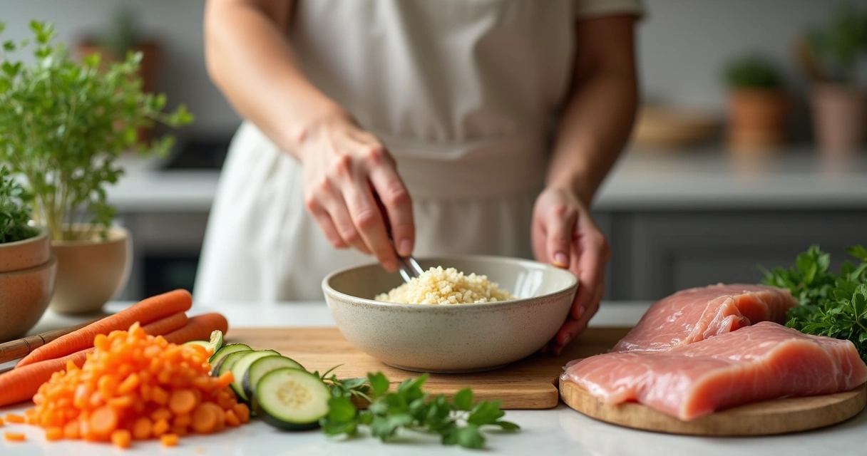 Preparação de comida natural para cachorro com ingredientes frescos 