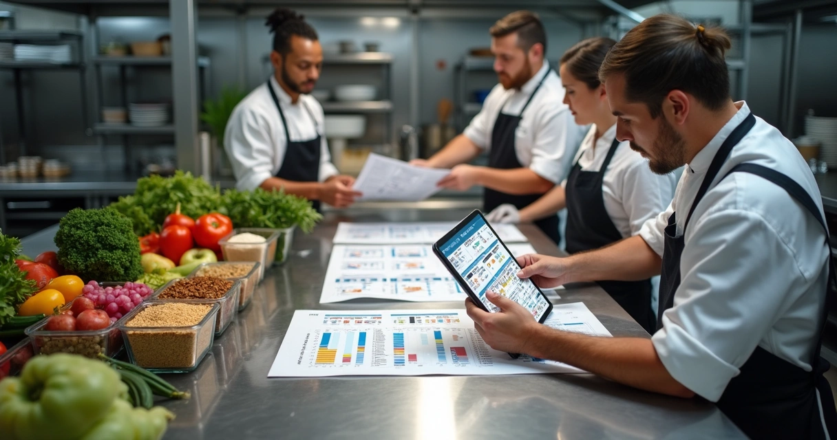 Equipe de cozinha ajustando produção com apoio de dados 