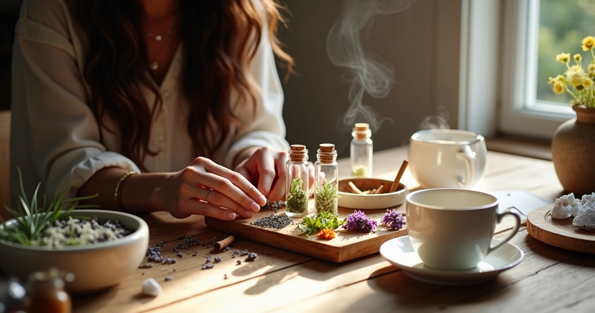 Mulher preparando ingredientes naturais em frascos pequenos sobre a mesa 