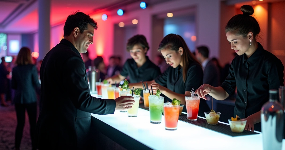 Equipe de bartenders preparando drinks juntos em evento corporativo animado