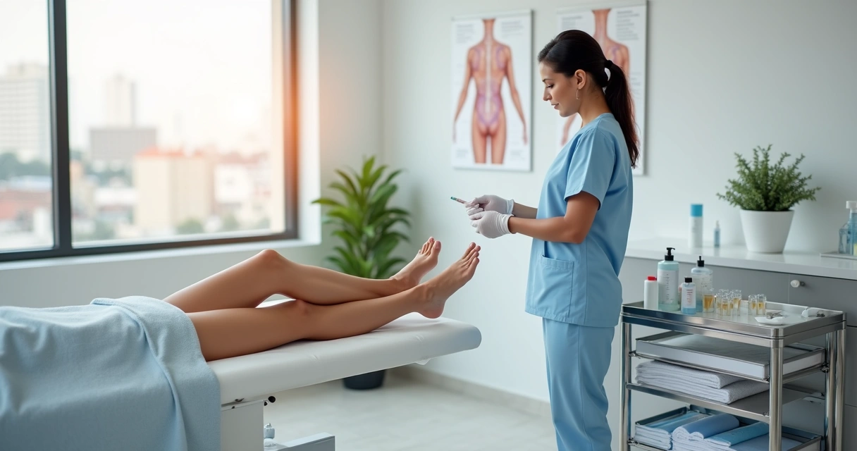 Paciente deitado em maca enquanto enfermeira prepara material para escleroterapia em consultório claro 