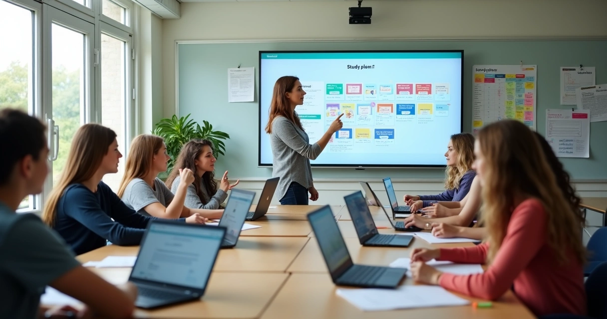 Professora conduz atividade dinâmica de preparação para exame de inglês com jovens em sala moderna 