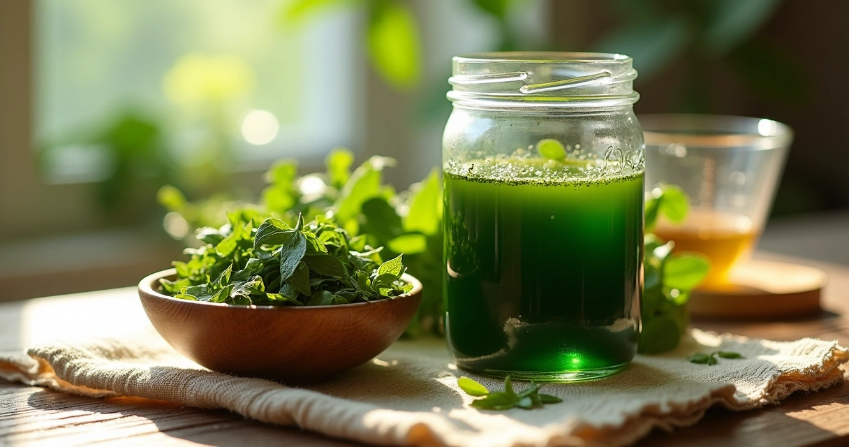 Folhas secas de moringa em tigela ao lado de frasco de extrato caseiro de cor esverdeada