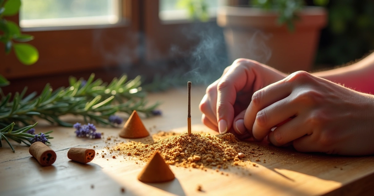 Massa de incenso feita com ervas, em processo de modelagem sobre uma mesa de madeira 