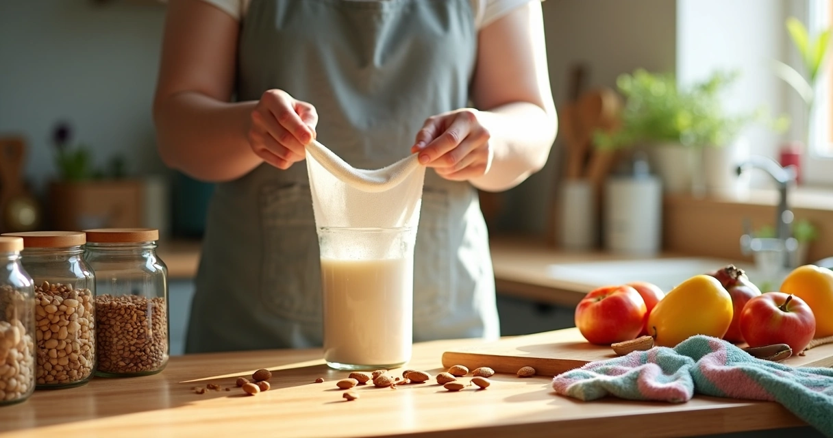 Pessoa preparando leite vegetal em uma cozinha iluminada 