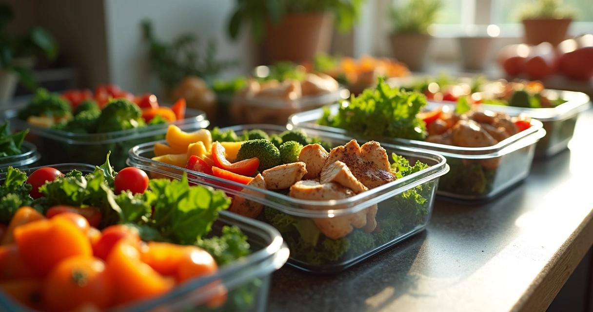 Marmitas prontas com frango, legumes e salada 